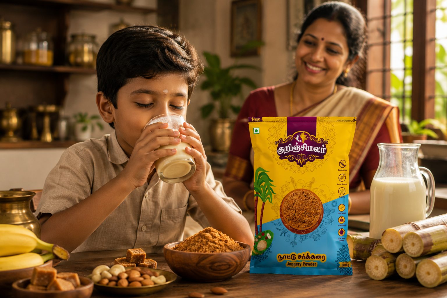 Boy enjoying warm milk sweetened with Kurinjimalar jaggery