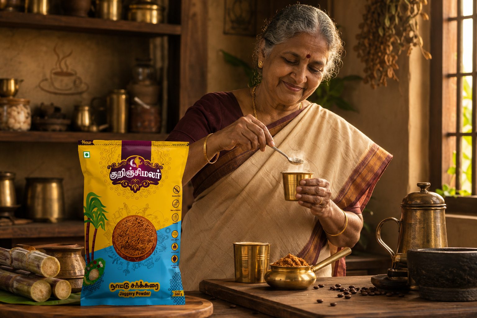 Grandmother spooning Kurinjimalar jaggery into filter coffee