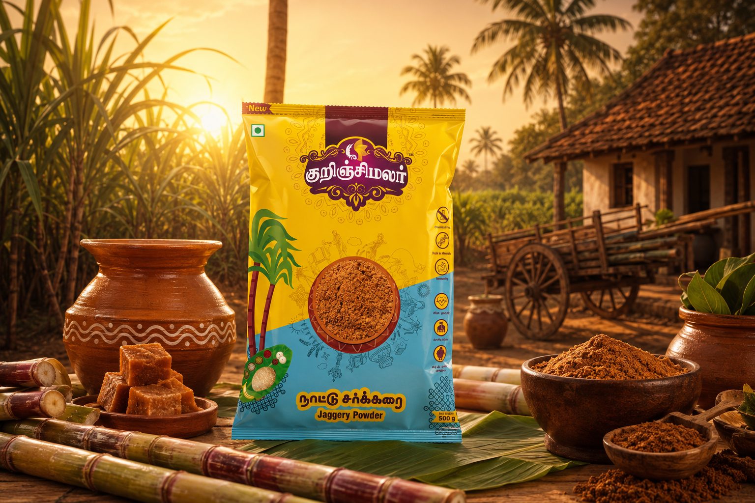 Kurinjimalar jaggery packet in a traditional Tamil courtyard